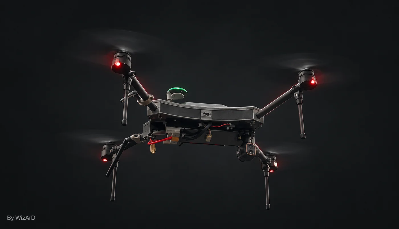 Graphic treatment: KapYah quadcopter in flight against the sky